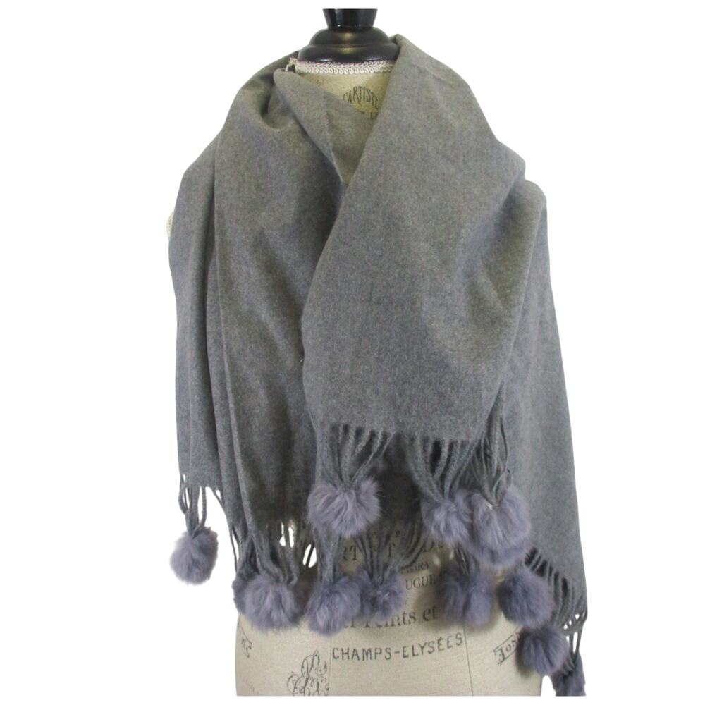 Tourance Grey Cashmere Scarf with Fluffy Pom Pom Tassels